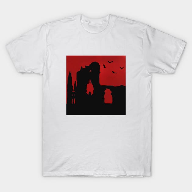 Whitby Abbey silhouette with bats T-Shirt by Catrina1903